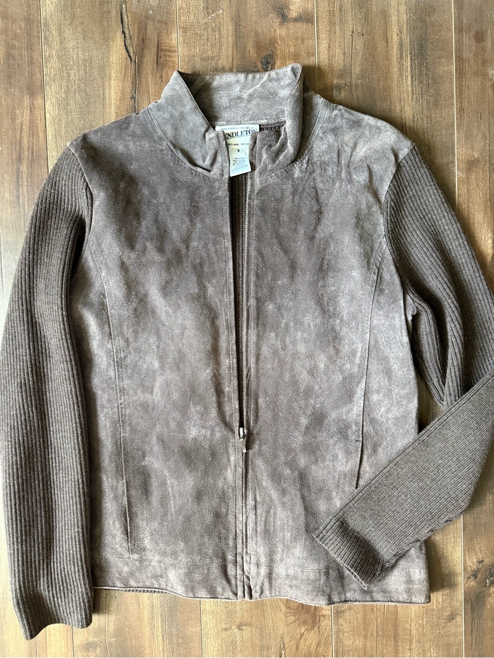 Pendleton brown leather merino wool sweater jacket S